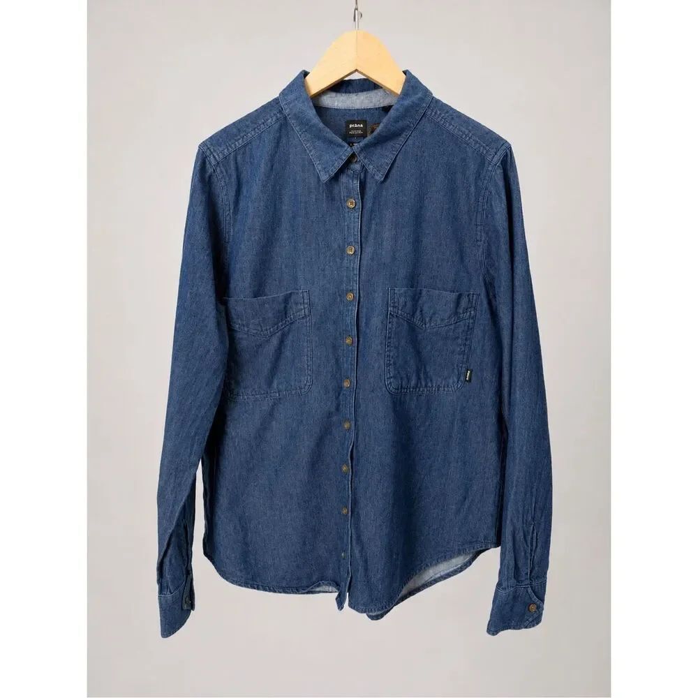 prAna Organic Cotton Chambray Button Front Shirt Womens Large Blue Utility Top